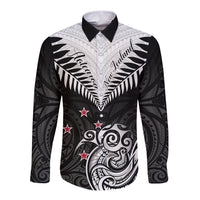 Personalised New Zealand Long Sleeve Button Shirt Aotearoa Maori Kiwi Black Fern - Wonder Print Shop