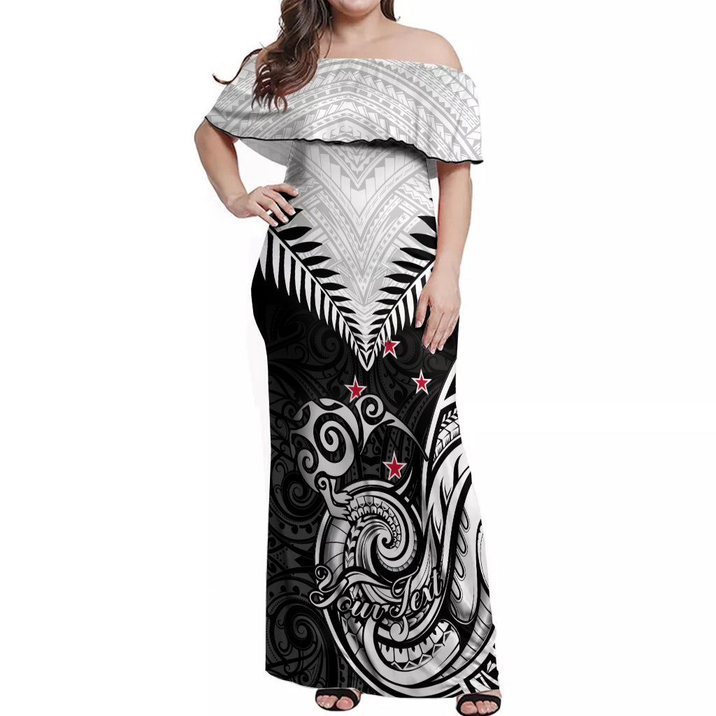 Personalised New Zealand Off Shoulder Maxi Dress Aotearoa Maori Kiwi Black Fern - Wonder Print Shop