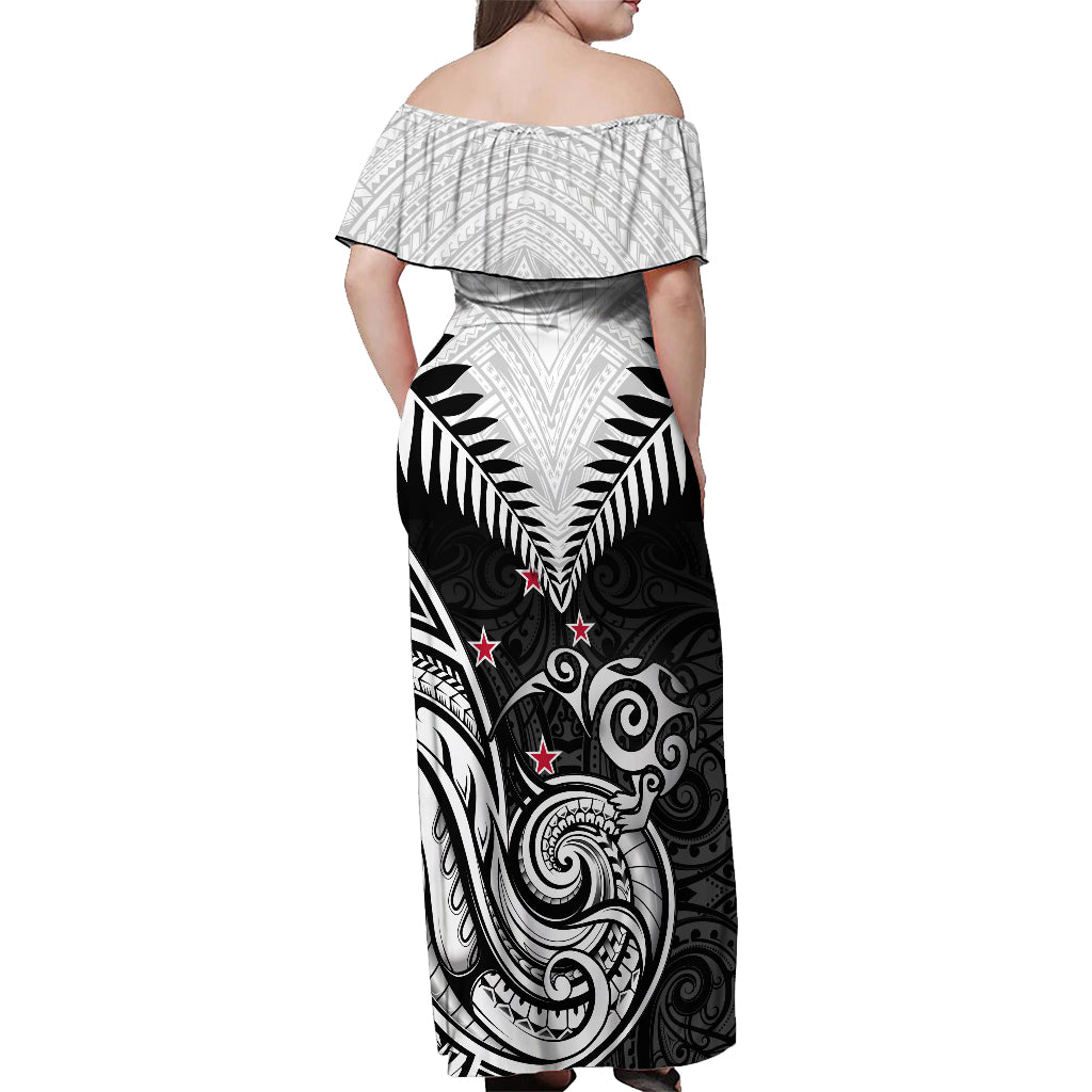 Personalised New Zealand Off Shoulder Maxi Dress Aotearoa Maori Kiwi Black Fern - Wonder Print Shop