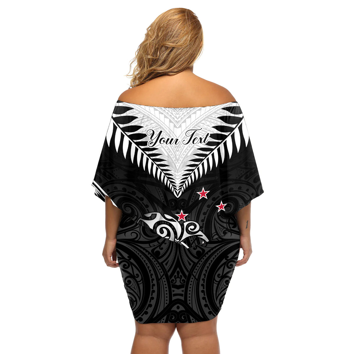 Personalised New Zealand Off Shoulder Short Dress Aotearoa Maori Kiwi Black Fern - Wonder Print Shop
