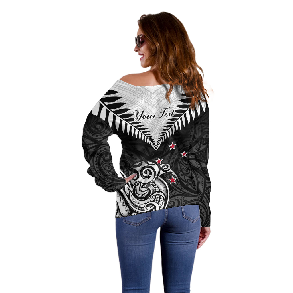 Personalised New Zealand Off Shoulder Sweater Aotearoa Maori Kiwi Black Fern - Wonder Print Shop
