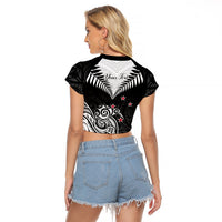 Personalised New Zealand Raglan Cropped T Shirt Aotearoa Maori Kiwi Black Fern - Wonder Print Shop