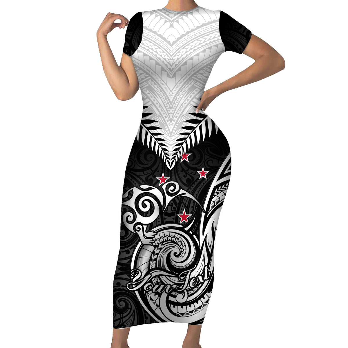 Personalised New Zealand Short Sleeve Bodycon Dress Aotearoa Maori Kiwi Black Fern - Wonder Print Shop