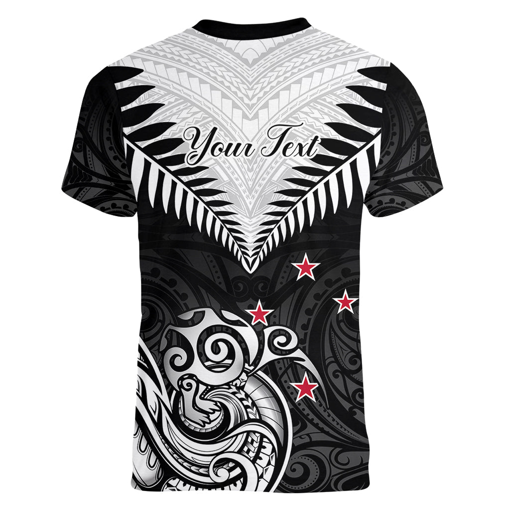 Personalised New Zealand Women V Neck T Shirt Aotearoa Maori Kiwi Black Fern - Wonder Print Shop