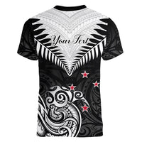 Personalised New Zealand Women V Neck T Shirt Aotearoa Maori Kiwi Black Fern - Wonder Print Shop