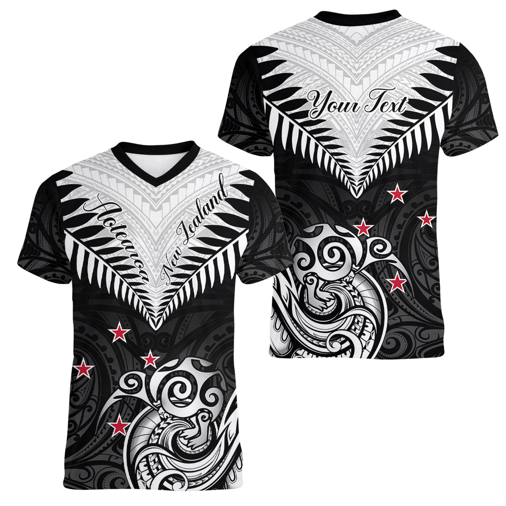 Personalised New Zealand Women V Neck T Shirt Aotearoa Maori Kiwi Black Fern - Wonder Print Shop