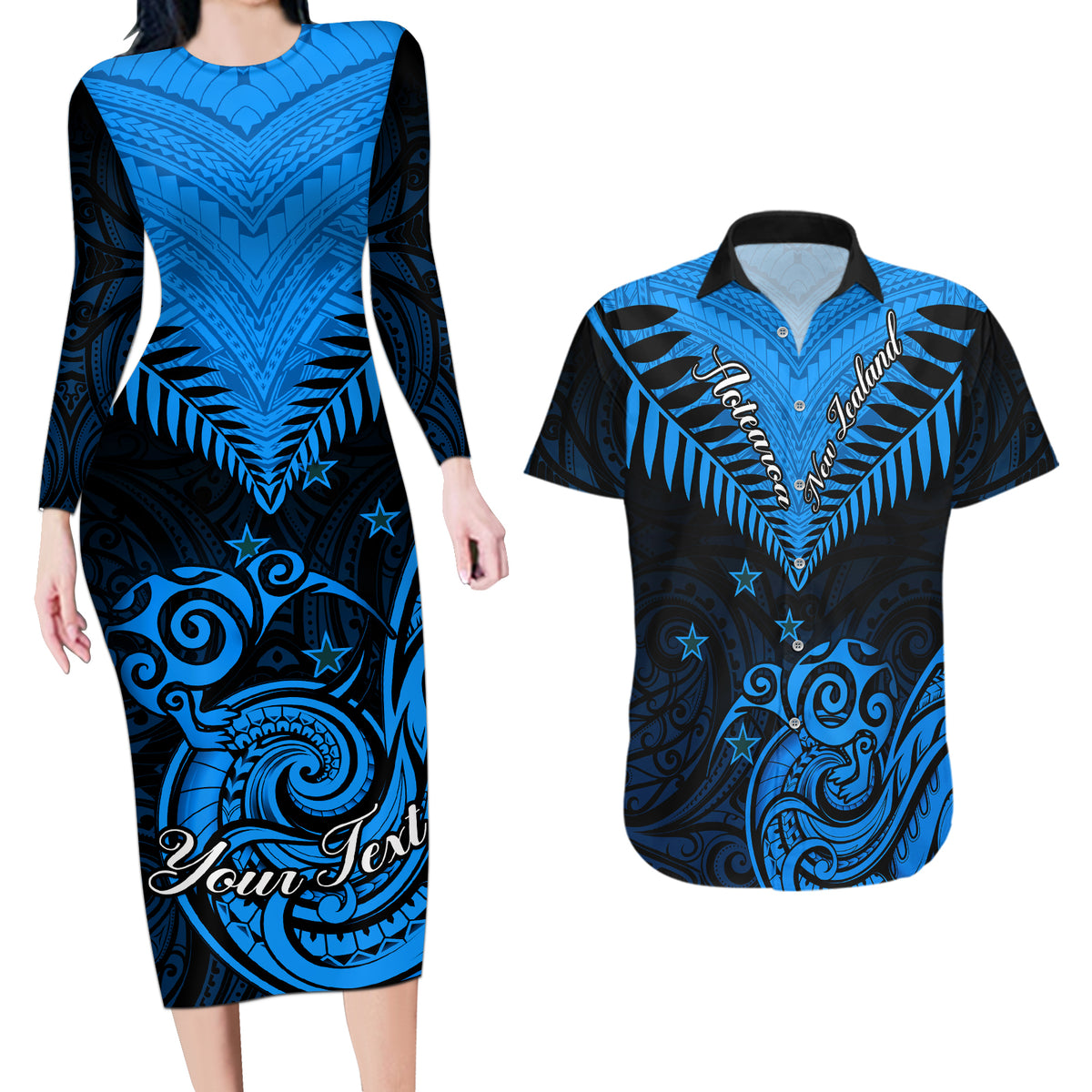 Personalised New Zealand Couples Matching Long Sleeve Bodycon Dress and Hawaiian Shirt Aotearoa Blue Maori Kiwi Blue Fern - Wonder Print Shop