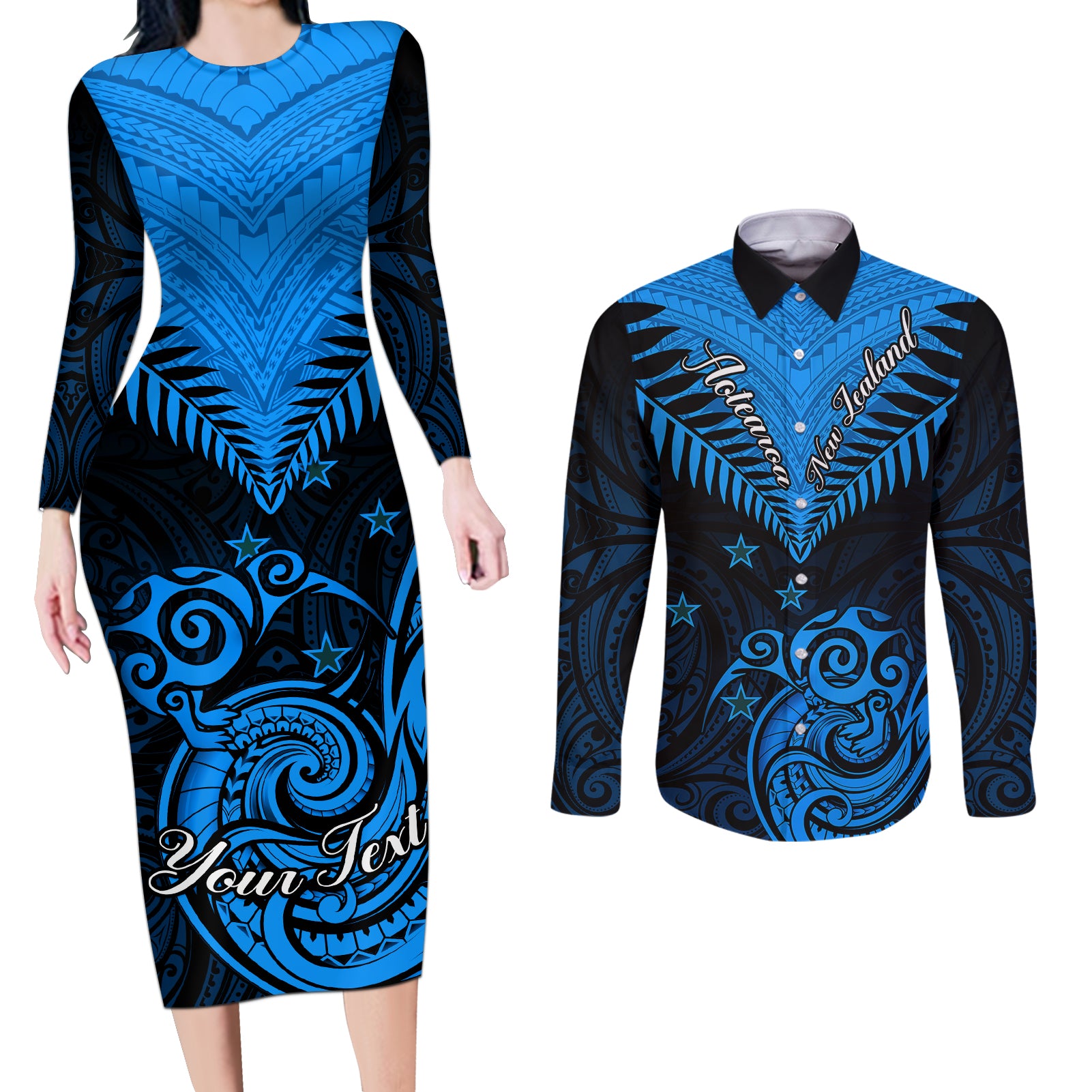 Personalised New Zealand Couples Matching Long Sleeve Bodycon Dress and Long Sleeve Button Shirts Aotearoa Blue Maori Kiwi Blue Fern - Wonder Print Shop