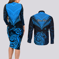 Personalised New Zealand Couples Matching Long Sleeve Bodycon Dress and Long Sleeve Button Shirts Aotearoa Blue Maori Kiwi Blue Fern - Wonder Print Shop