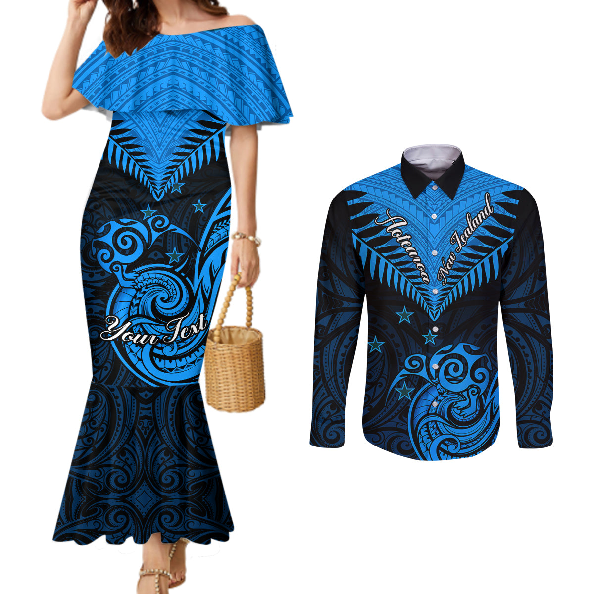personalised-new-zealand-couples-matching-mermaid-dress-and-long-sleeve-button-shirts-aotearoa-blue-maori-kiwi-blue-fern