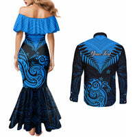 personalised-new-zealand-couples-matching-mermaid-dress-and-long-sleeve-button-shirts-aotearoa-blue-maori-kiwi-blue-fern