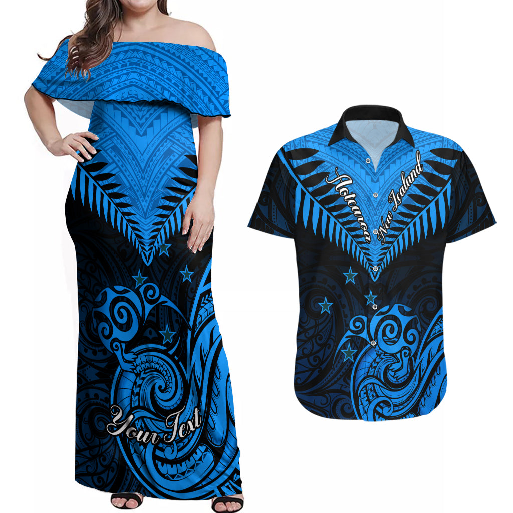 Personalised New Zealand Couples Matching Off Shoulder Maxi Dress and Hawaiian Shirt Aotearoa Blue Maori Kiwi Blue Fern - Wonder Print Shop