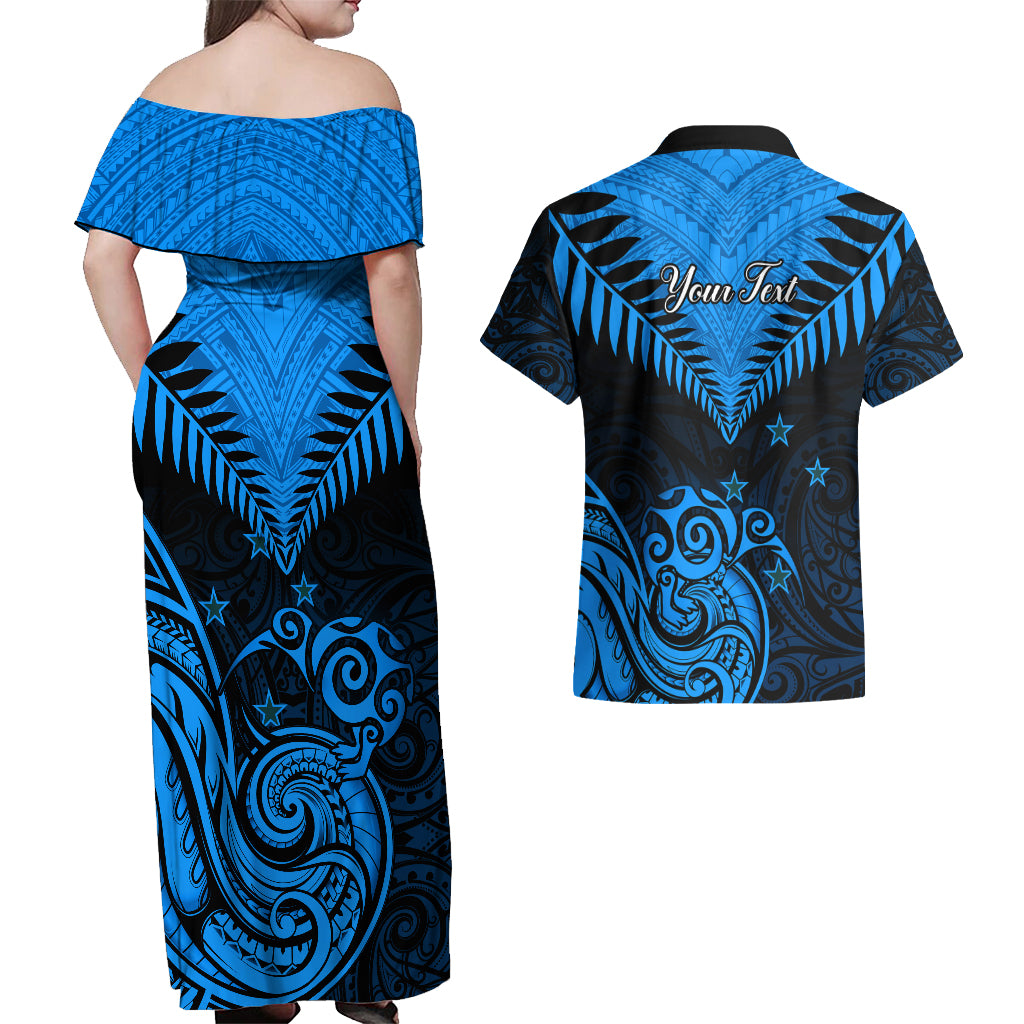 Personalised New Zealand Couples Matching Off Shoulder Maxi Dress and Hawaiian Shirt Aotearoa Blue Maori Kiwi Blue Fern - Wonder Print Shop