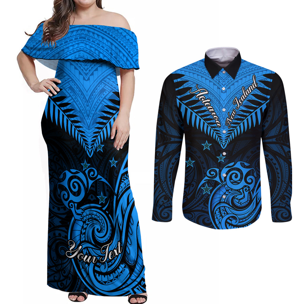 Personalised New Zealand Couples Matching Off Shoulder Maxi Dress and Long Sleeve Button Shirts Aotearoa Blue Maori Kiwi Blue Fern - Wonder Print Shop