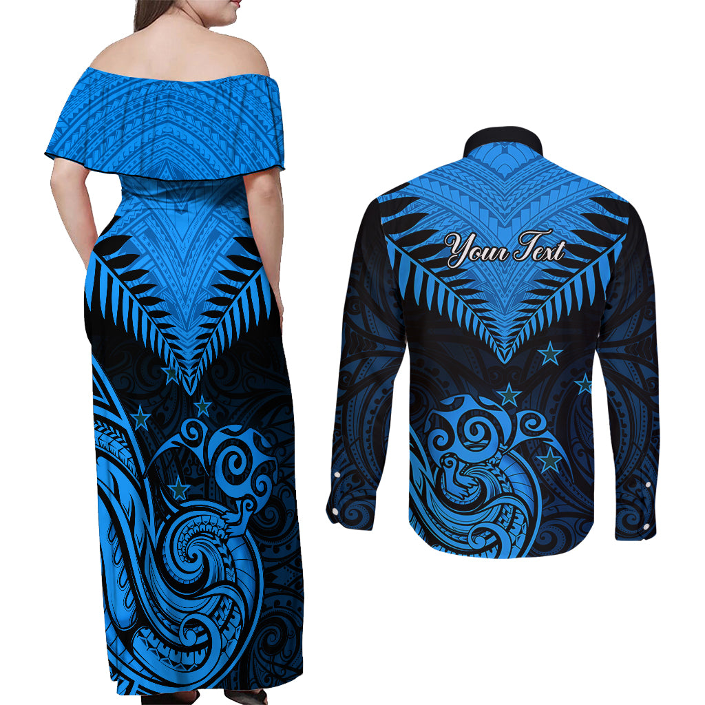 Personalised New Zealand Couples Matching Off Shoulder Maxi Dress and Long Sleeve Button Shirts Aotearoa Blue Maori Kiwi Blue Fern - Wonder Print Shop