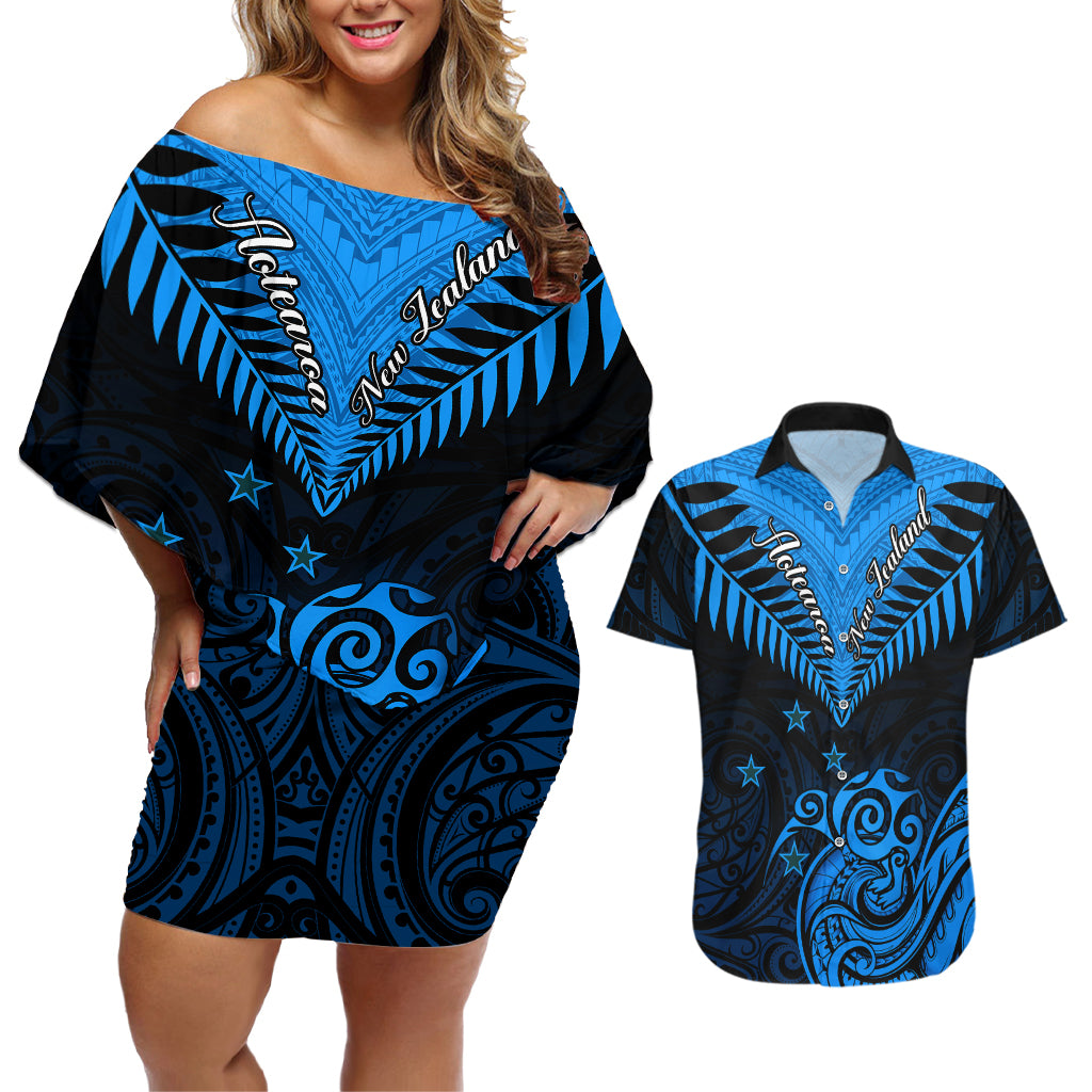 Personalised New Zealand Couples Matching Off Shoulder Short Dress and Hawaiian Shirt Aotearoa Blue Maori Kiwi Blue Fern - Wonder Print Shop