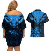 Personalised New Zealand Couples Matching Off Shoulder Short Dress and Hawaiian Shirt Aotearoa Blue Maori Kiwi Blue Fern - Wonder Print Shop