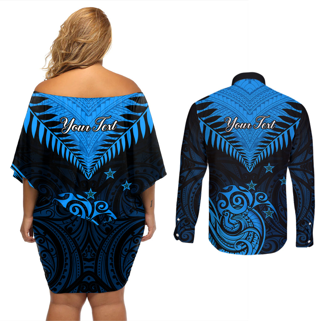 Personalised New Zealand Couples Matching Off Shoulder Short Dress and Long Sleeve Button Shirts Aotearoa Blue Maori Kiwi Blue Fern - Wonder Print Shop