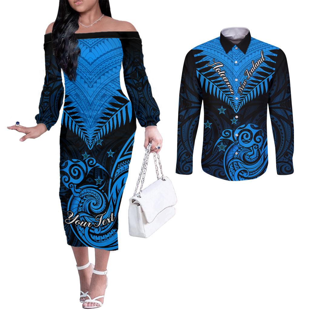 personalised-new-zealand-couples-matching-off-the-shoulder-long-sleeve-dress-and-long-sleeve-button-shirts-aotearoa-blue-maori-kiwi-blue-fern