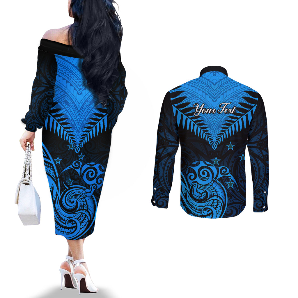 personalised-new-zealand-couples-matching-off-the-shoulder-long-sleeve-dress-and-long-sleeve-button-shirts-aotearoa-blue-maori-kiwi-blue-fern