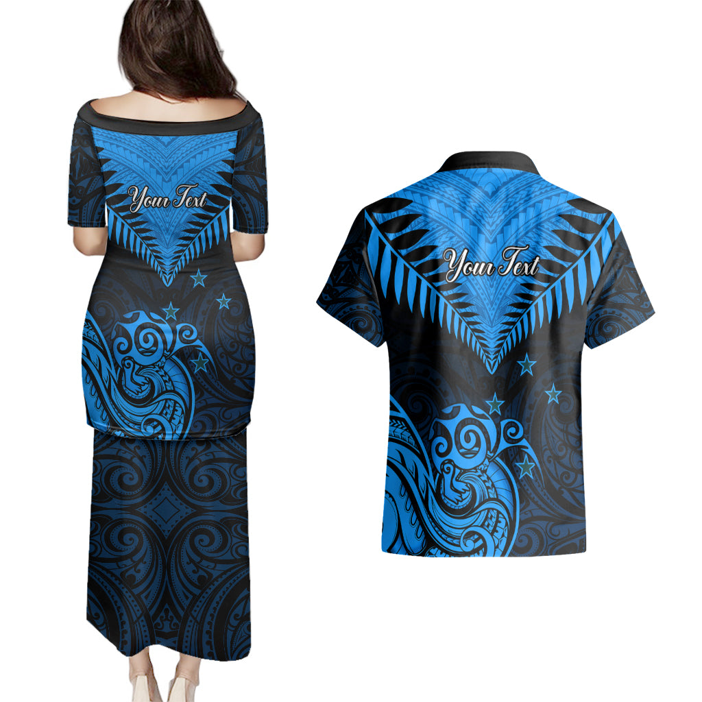 Personalised New Zealand Couples Matching Puletasi Dress and Hawaiian Shirt Aotearoa Blue Maori Kiwi Blue Fern - Wonder Print Shop