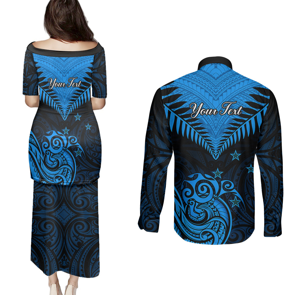 Personalised New Zealand Couples Matching Puletasi Dress and Long Sleeve Button Shirts Aotearoa Blue Maori Kiwi Blue Fern - Wonder Print Shop