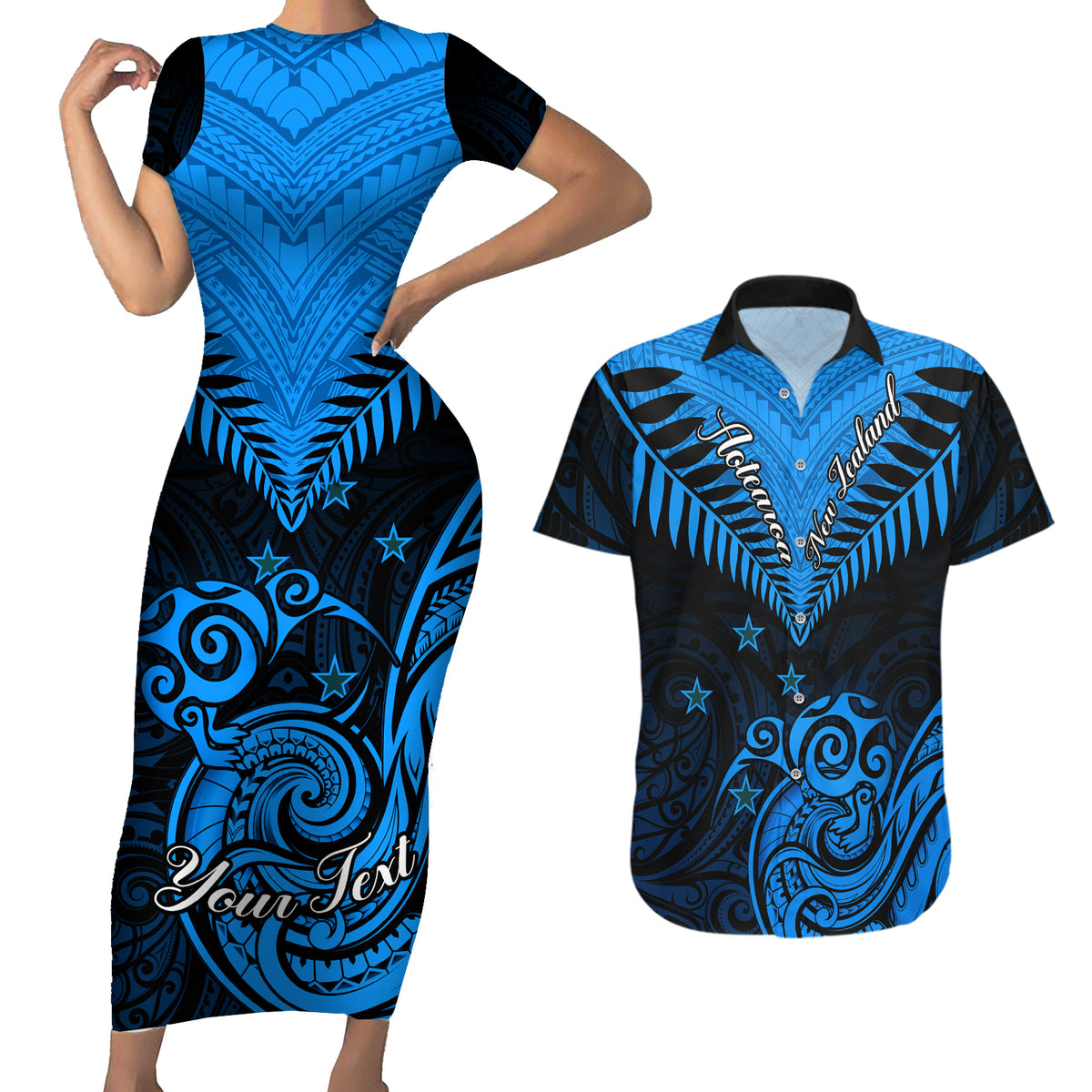Personalised New Zealand Couples Matching Short Sleeve Bodycon Dress and Hawaiian Shirt Aotearoa Blue Maori Kiwi Blue Fern - Wonder Print Shop