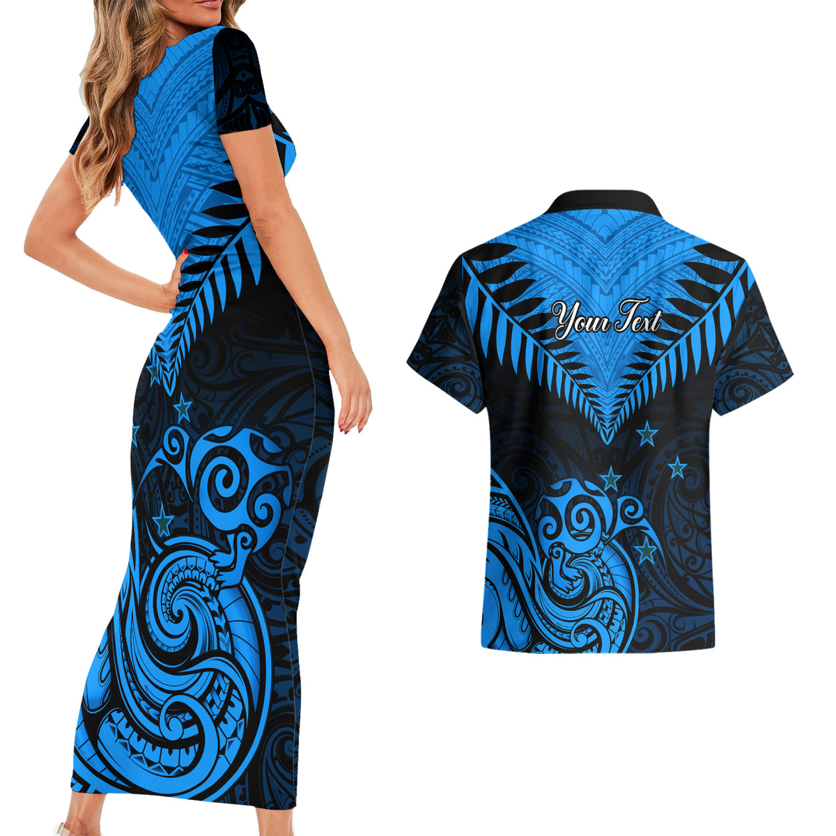 Personalised New Zealand Couples Matching Short Sleeve Bodycon Dress and Hawaiian Shirt Aotearoa Blue Maori Kiwi Blue Fern - Wonder Print Shop