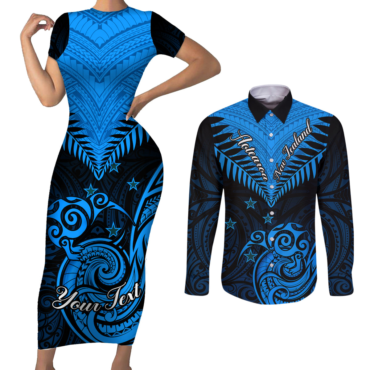 Personalised New Zealand Couples Matching Short Sleeve Bodycon Dress and Long Sleeve Button Shirts Aotearoa Blue Maori Kiwi Blue Fern - Wonder Print Shop