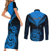 Personalised New Zealand Couples Matching Short Sleeve Bodycon Dress and Long Sleeve Button Shirts Aotearoa Blue Maori Kiwi Blue Fern - Wonder Print Shop