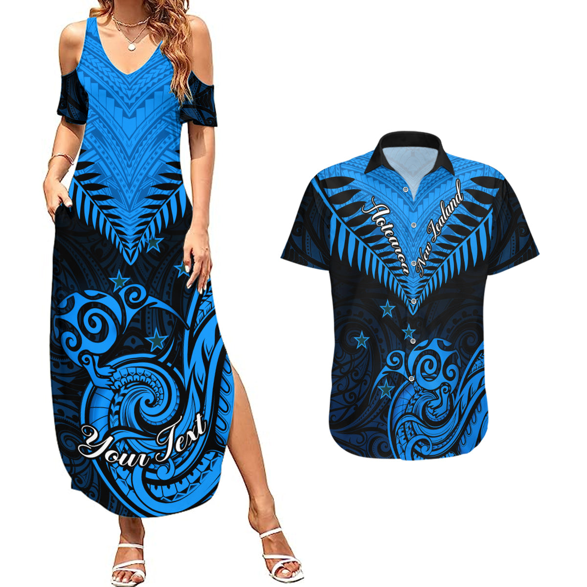 Personalised New Zealand Couples Matching Summer Maxi Dress and Hawaiian Shirt Aotearoa Blue Maori Kiwi Blue Fern - Wonder Print Shop