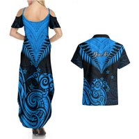 Personalised New Zealand Couples Matching Summer Maxi Dress and Hawaiian Shirt Aotearoa Blue Maori Kiwi Blue Fern - Wonder Print Shop