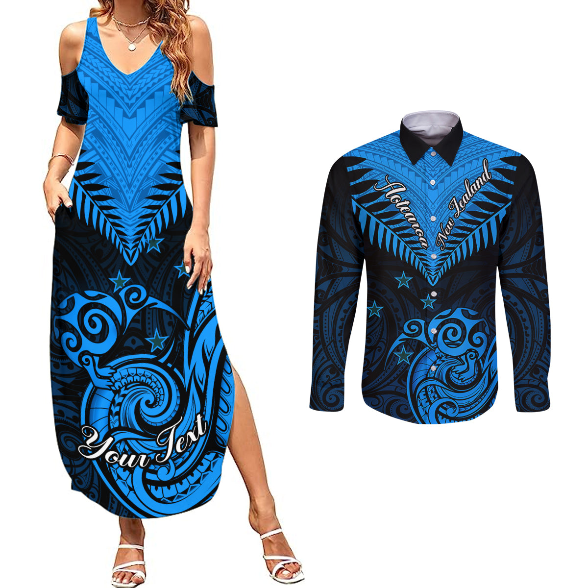 Personalised New Zealand Couples Matching Summer Maxi Dress and Long Sleeve Button Shirts Aotearoa Blue Maori Kiwi Blue Fern - Wonder Print Shop