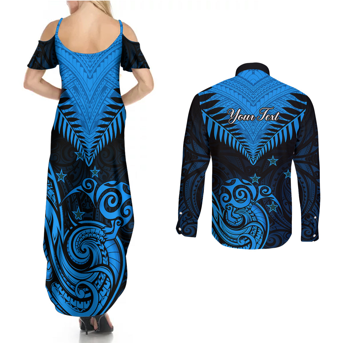 Personalised New Zealand Couples Matching Summer Maxi Dress and Long Sleeve Button Shirts Aotearoa Blue Maori Kiwi Blue Fern - Wonder Print Shop