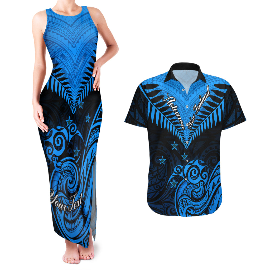 Personalised New Zealand Couples Matching Tank Maxi Dress And Hawaiian Shirt Aotearoa Blue Maori Kiwi Blue Fern - Wonder Print Shop