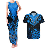 Personalised New Zealand Couples Matching Tank Maxi Dress And Hawaiian Shirt Aotearoa Blue Maori Kiwi Blue Fern - Wonder Print Shop