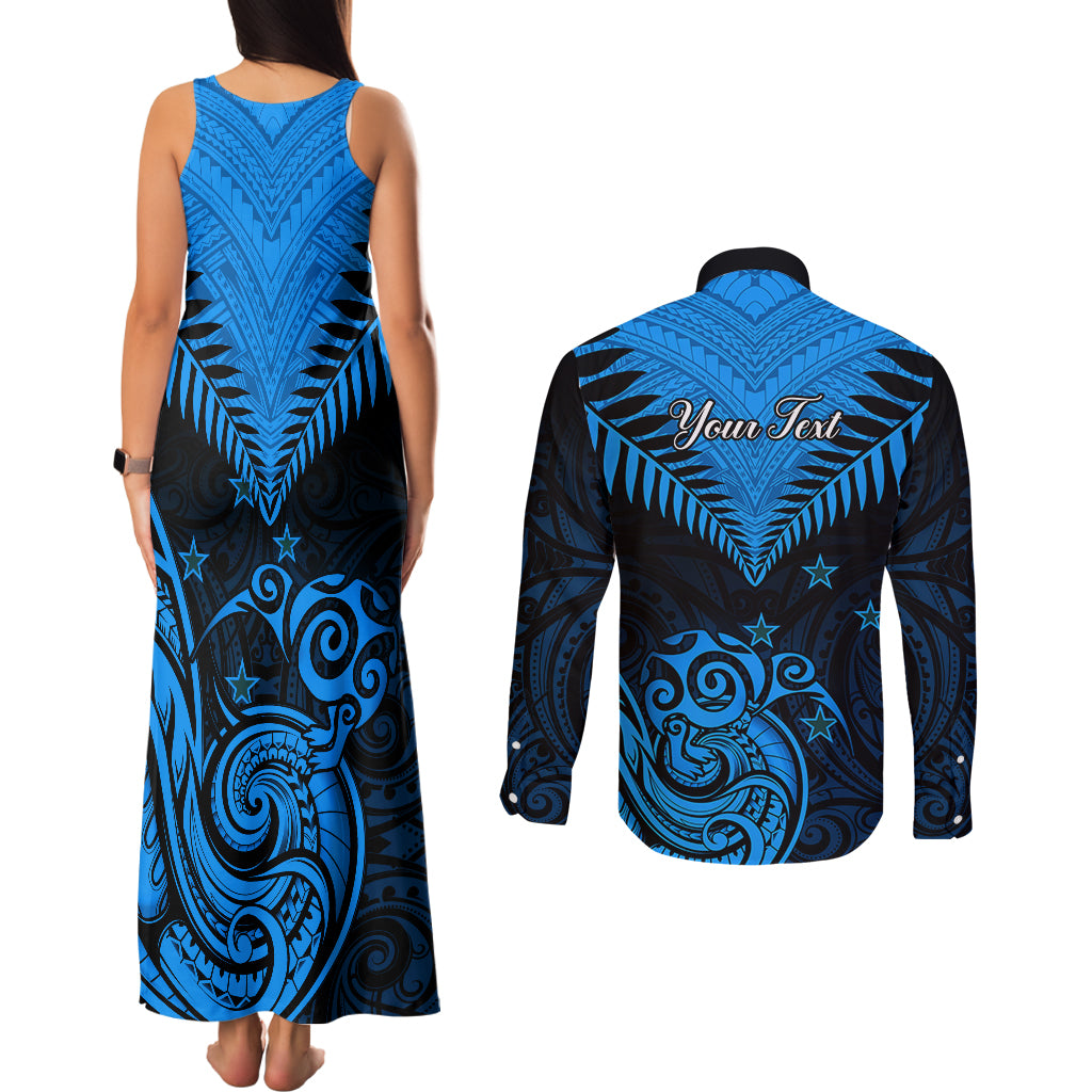 Personalised New Zealand Couples Matching Tank Maxi Dress and Long Sleeve Button Shirts Aotearoa Blue Maori Kiwi Blue Fern - Wonder Print Shop