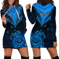 Personalised New Zealand Hoodie Dress Aotearoa Blue Maori Kiwi Blue Fern - Wonder Print Shop