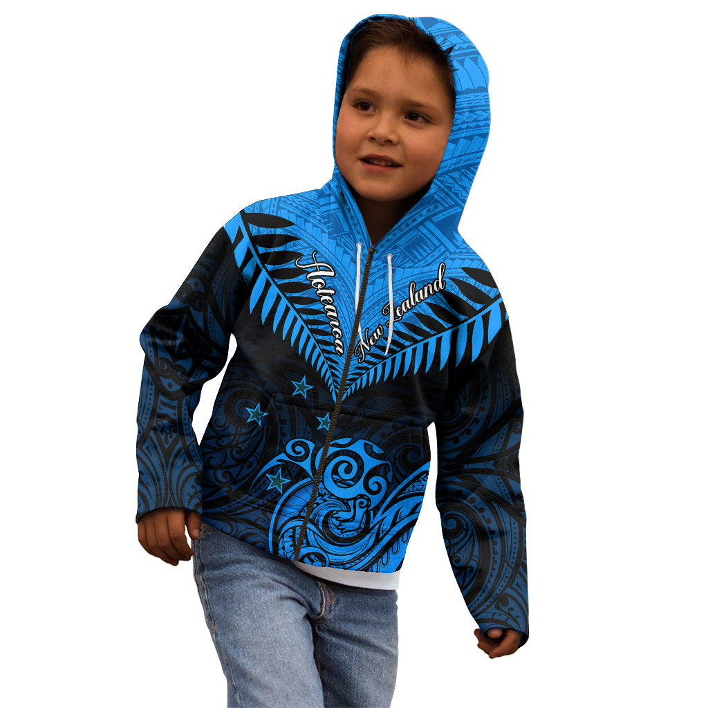 Personalised New Zealand Kid Hoodie Aotearoa Blue Maori Kiwi Blue Fern - Wonder Print Shop