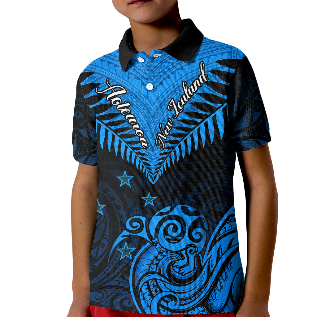 Personalised New Zealand Kid Polo Shirt Aotearoa Blue Maori Kiwi Blue Fern - Wonder Print Shop
