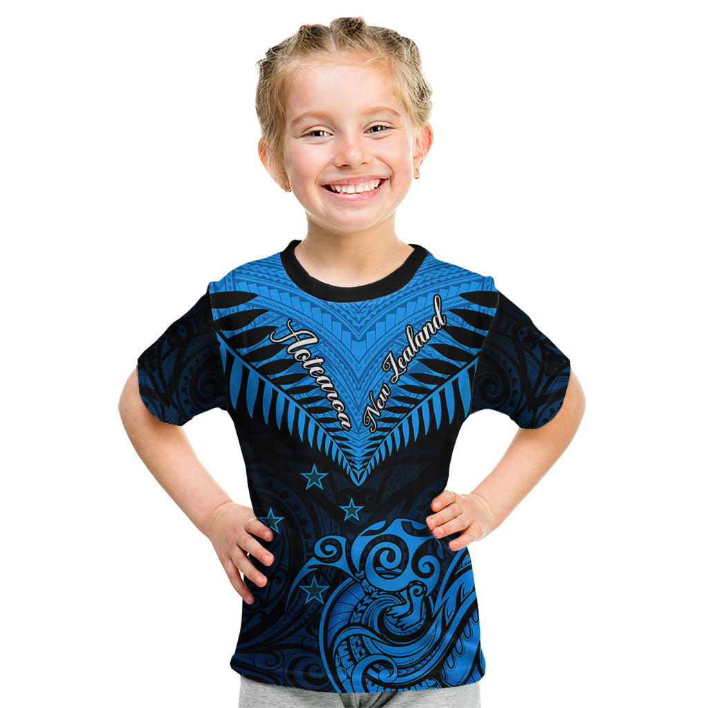Personalised New Zealand Kid T Shirt Aotearoa Blue Maori Kiwi Blue Fern - Wonder Print Shop