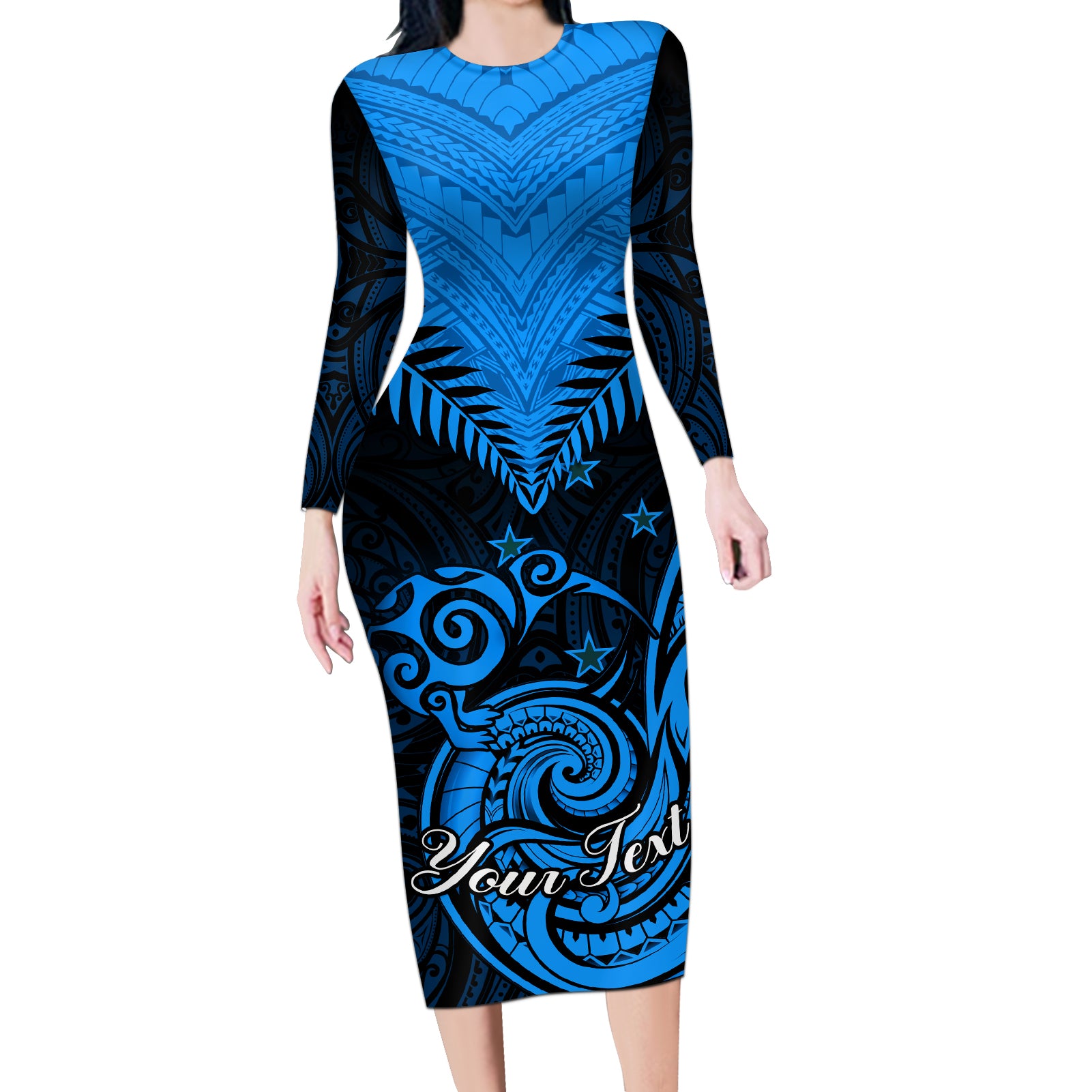 Personalised New Zealand Long Sleeve Bodycon Dress Aotearoa Blue Maori Kiwi Blue Fern - Wonder Print Shop