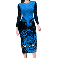 Personalised New Zealand Long Sleeve Bodycon Dress Aotearoa Blue Maori Kiwi Blue Fern - Wonder Print Shop