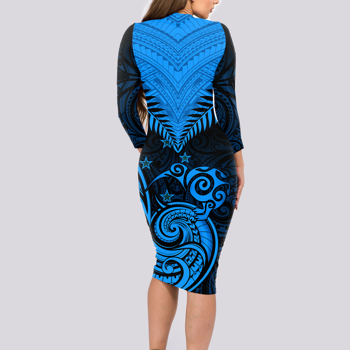 Personalised New Zealand Long Sleeve Bodycon Dress Aotearoa Blue Maori Kiwi Blue Fern - Wonder Print Shop