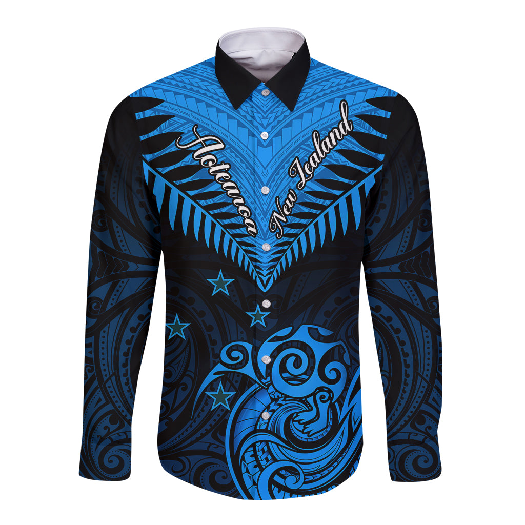 Personalised New Zealand Long Sleeve Button Shirt Aotearoa Blue Maori Kiwi Blue Fern - Wonder Print Shop