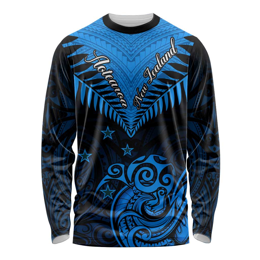 Personalised New Zealand Long Sleeve Shirt Aotearoa Blue Maori Kiwi Blue Fern LT01