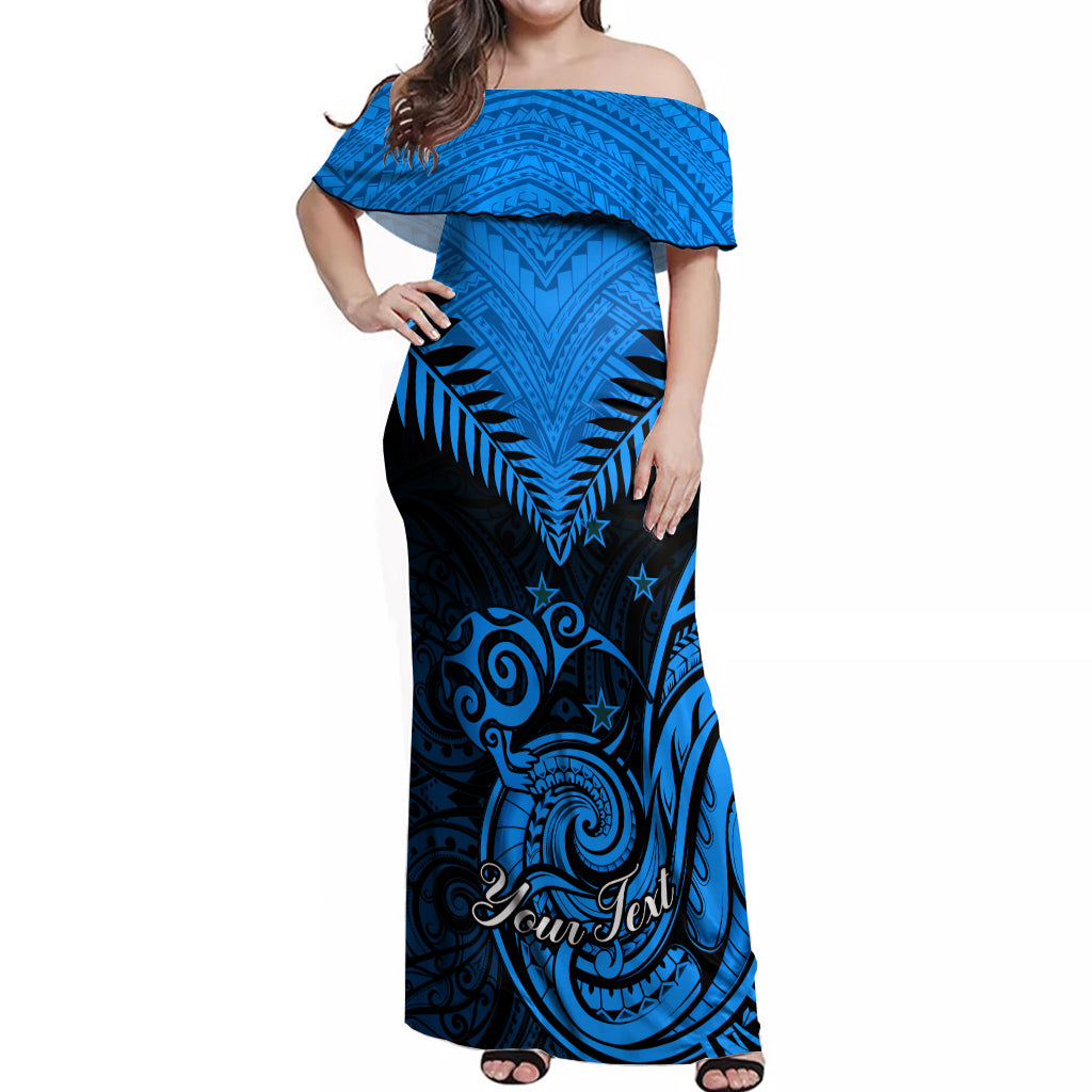 Personalised New Zealand Off Shoulder Maxi Dress Aotearoa Blue Maori Kiwi Blue Fern - Wonder Print Shop