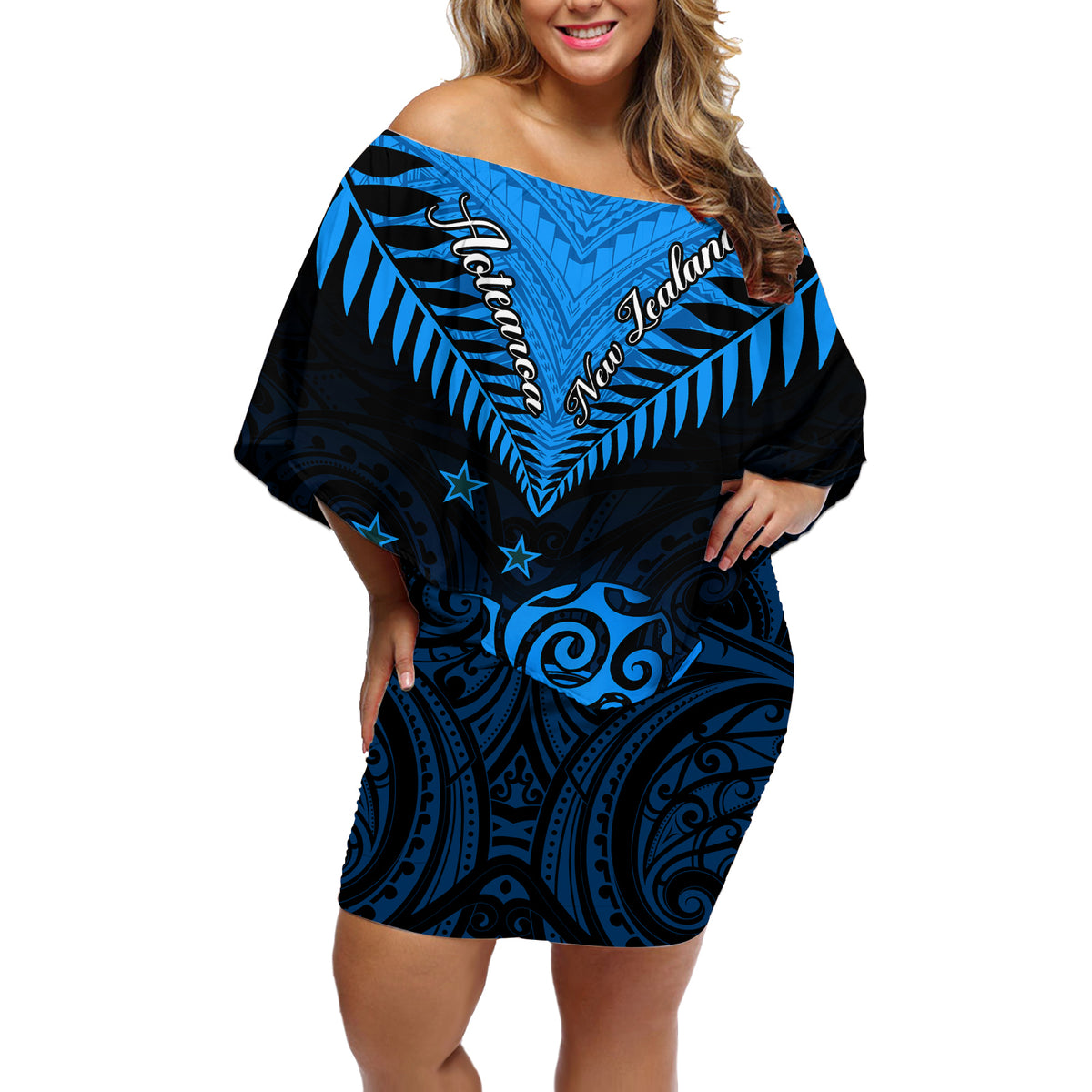 Personalised New Zealand Off Shoulder Short Dress Aotearoa Blue Maori Kiwi Blue Fern - Wonder Print Shop
