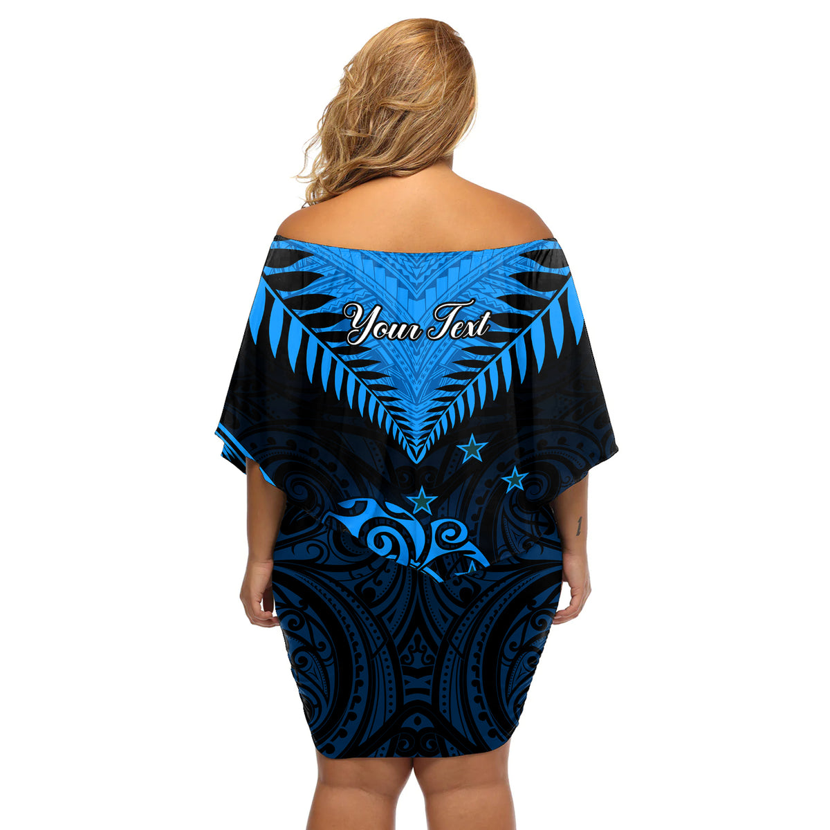 Personalised New Zealand Off Shoulder Short Dress Aotearoa Blue Maori Kiwi Blue Fern - Wonder Print Shop