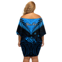 Personalised New Zealand Off Shoulder Short Dress Aotearoa Blue Maori Kiwi Blue Fern - Wonder Print Shop